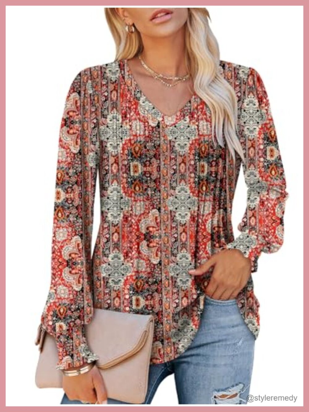 Womens Long Sleeve V-Neck Floral Ruffle Tunic Top Loose Fit Blouse